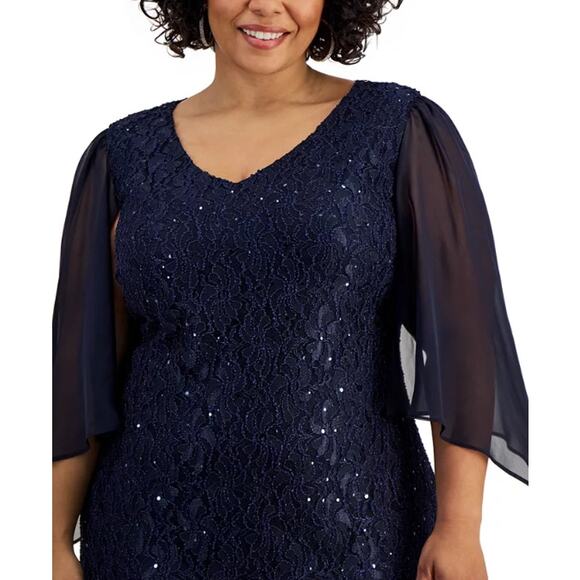 CONNECTED APPAREL Embellished Lace Gown 16W Navy Blue 3/4-Sleeve NWOT - Picture 3 of 11